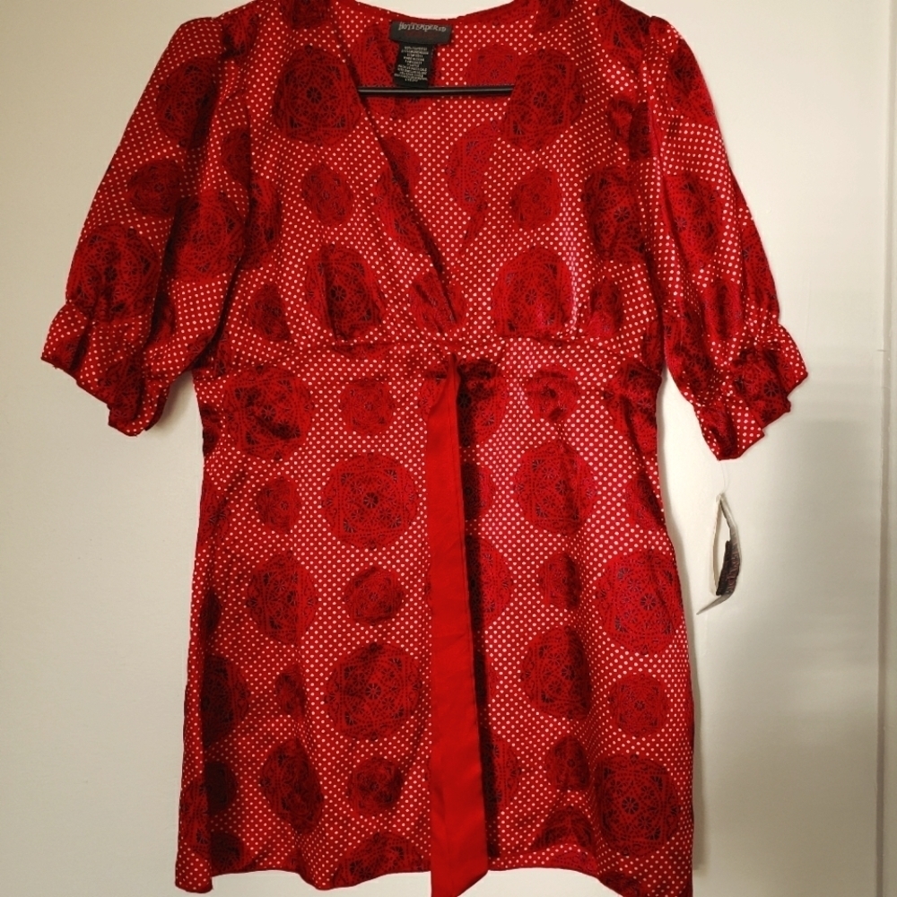 Hot Tempered Y2K 90's Red & Black Polka Dot Empire Waist Tie Tunic Size XL  NWT